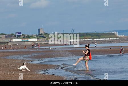 Portobello.Edinburgh, Schottland, Großbritannien. 20 Mai 2020. Ruhiger Start heiß sonnig und 18 Grad Celsius vor 10 Uhr. Weibchen tritt Meerwasser für ihren Torhüterhund, um seine Fähigkeiten zu demonstrieren. Stockfoto
