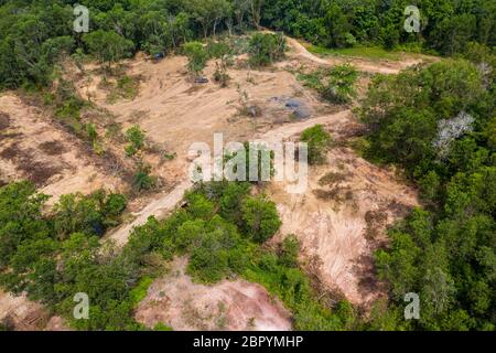 Luftaufnahme der Abholzung und Entwaldung eines tropischen Regenwaldes im ländlichen Thailand Stockfoto