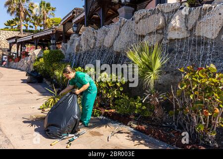 Gärtner bei der Arbeit an Gärten am Mirador über dem Strand Playa del Duque während der ersten Phase der Deeskalation des Covid 19, Coronavirus, Staat EM Stockfoto