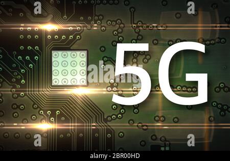 5G Mobile Chip auf Computerplatine Hintergrund. Copy Space und Technologiekonzept. Selektiver Fokus Stockfoto
