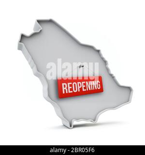 Saudi-Arabien Karte mit rotem Wiedereröffnungszeichen nach Quarantäne. 3D-Rendering Stockfoto