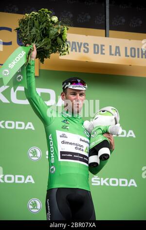 02.07.2016. Angers, Frankreich. Tour de France Etappe 3 von Granville nach Angers. Mark Cavendish trägt nach der dritten Etappe das grüne Sprinter-Trikot. Stockfoto