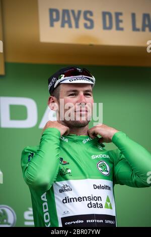 02.07.2016. Angers, Frankreich. Tour de France Etappe 3 von Granville nach Angers. Mark Cavendish trägt nach der dritten Etappe das grüne Sprinter-Trikot. Stockfoto