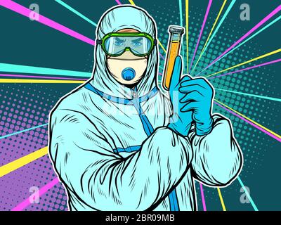 Arzt Mann in Schutzanzug mit einem Reagenzglas ein Impfstoff ein Medikament, Epidemie Stock Vektor