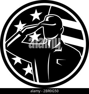 Schwarz-Weiß Illustration eines amerikanischen Soldaten Soldatesoldaten Silhouette Salutieren im Kreis mit usa Flagge Sterne und Streifen im Hintergrund gesetzt Stock Vektor