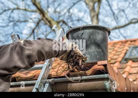 Mann auf einer Leiter Reinigung Haus Dachrinnen Stockfoto