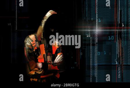 Ein Erwachsener Online anonymen Internet-Hacker mit unsichtbarem Gesicht in der städtischen Umwelt und Zahlencodes Illustration Konzept. Gemischte Medien. Stockfoto