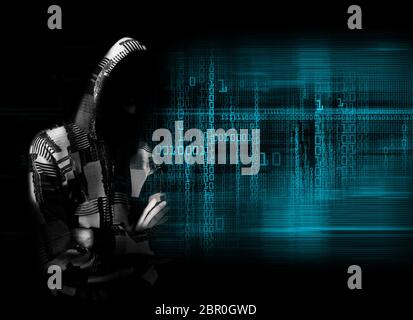 Ein Erwachsener Online anonymen Internet-Hacker mit unsichtbarem Gesicht in der städtischen Umwelt und Zahlencodes Illustration Konzept. Gemischte Medien. Stockfoto