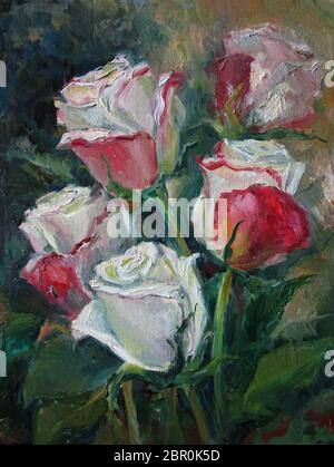 Rosa Rosen auf dunklem Hintergrund, Ölgemälde Stockfoto