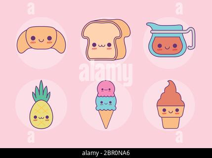 Food Set Cartoons Design, Kawaii Essen niedlichen Charakter Emoticon Thema Vektor-Illustration Stock Vektor