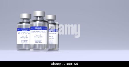 SARS-CoV-2 Impfstoffflaschen 3D-Rendering auf blauem Hintergrund Stockfoto