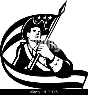 Schwarz-Weiß-Illustration eines amerikanischen Patriot-revolutionären Soldaten winken USA-Sterne und Streifen Flagge Blick auf Seite auf Independence Day getan i Stock Vektor