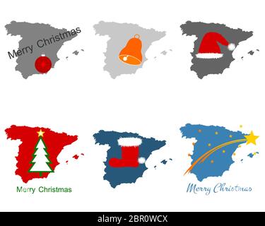 Karte von Spanien mit Weihnachtssymbolen Stockfoto
