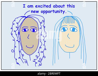 Farbe Cartoon zeigt zwei lächelnde, schöne und ethnisch verschiedene Frauen sagen, ich bin begeistert von dieser neuen Gelegenheit. Stockfoto