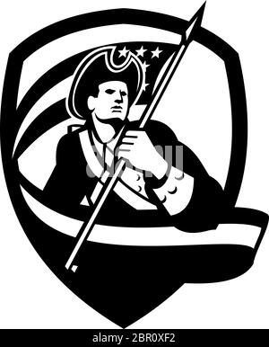 Schwarz-Weiß-Illustration eines amerikanischen Patriot revolutionäre Soldat winken USA Sterne und Streifen Flagge suchen Seite gesetzt innerhalb Schild Wappen auf Stock Vektor