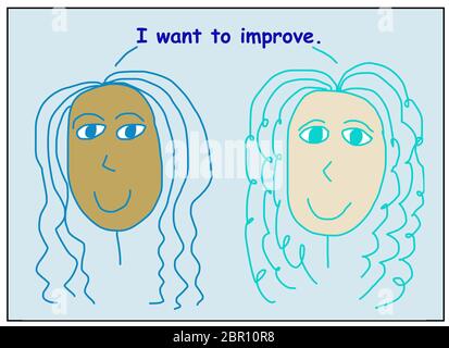 Farbe Cartoon von zwei lächelnden, schönen und ethnisch vielfältigen Frauen sagen, ich will mich verbessern. Stockfoto
