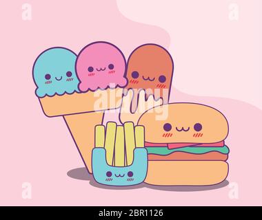 Eis französisch Pommes Frites und Hamburger-Design, Kawaii Essen niedlichen Charakter Emoticon Thema Vektor-Illustration Stock Vektor