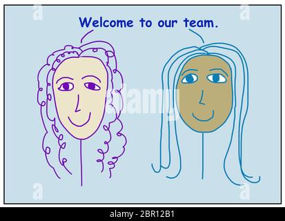 Farbe Cartoon von zwei lächelnden, schöne, ethnisch vielfältige Geschäftsfrauen Angabe willkommen in unserem Team. Stockfoto