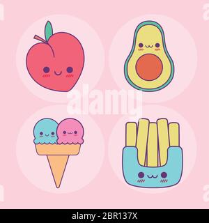 Pfirsich Avocado Eis und pommes frites Design, Kawaii Essen niedlichen Charakter Emoticon Thema Vektor-Illustration Stock Vektor