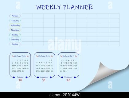 Schule oder Kalender für das vierte Quartal 2019 und Leere wöchentlicher Planer auf hellblauem Hintergrund. Vektor enthält Seite Wirkung curl mit einer Stockfoto