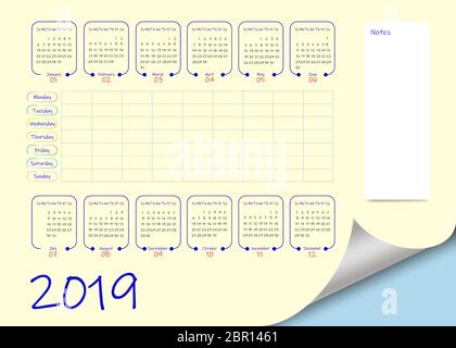 Schule oder Kalender für das Jahr 2019 und Leere wöchentlicher Planer auf gelben Hintergrund. Vektor enthält Seite Wirkung mit einem Platz curl für Stockfoto