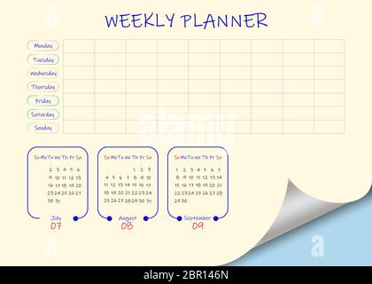 Schule oder Kalender für das dritte Quartal 2019 und Leere wöchentlicher Planer auf gelben Hintergrund. Vektor enthält Seite Wirkung mit curl Stockfoto