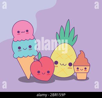 Eis Pfirsich und Ananas Design, Kawaii Essen niedlichen Charakter Emoticon Thema Vektor-Illustration Stock Vektor