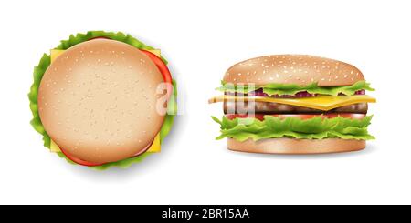 Burger-Modell für Ihr Design, leckere Hamburger Seite und Draufsicht. Realistischer Burger mit erfrischenden Zutaten. 3d-Vektorgrafik Stock Vektor