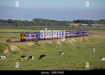 3 Nordbahn Sprinter Züge bilden einen Manchester nach Blackpool Abend Pendler Zug auf der Linie nach Blackpool Stockfoto