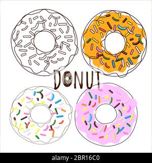 Süße Donut Set von traditionellen amerikanischen süßen Dessert im Cartoon-Stil auf einem weißen Hintergrund für Menü-Design isoliert, Café-Dekoration, Vektor Stock Vektor