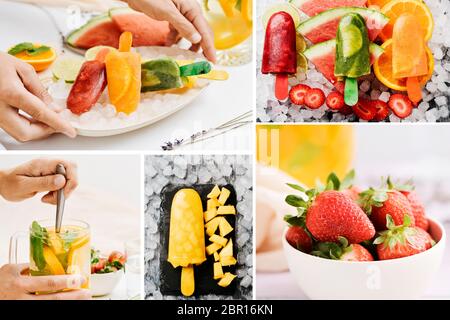 Eine Collage aus einigen Bildern von Obst und verschiedenen hausgemachten natürlichen Eis Pops mit natürlichen Fruchtsäften und Stück Obst gemacht Stockfoto