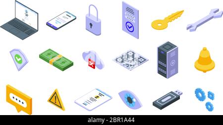 Symbole für die mehrstufige Authentifizierung werden im isometrischen Stil festgelegt Stock Vektor