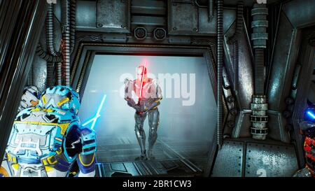 Astronauten mit Laserschwertern versteckten sich in einem Hinterhalt auf einem fremden Roboter-Eindringling auf seinem Raumschiff. Super realistisches Sci-Fi Konzept. Stockfoto