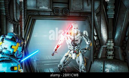 Astronauten mit Laserschwertern versteckten sich in einem Hinterhalt auf einem fremden Roboter-Eindringling auf seinem Raumschiff. Super realistisches Sci-Fi Konzept. Stockfoto