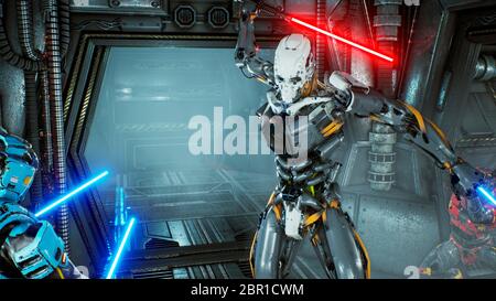 Astronauten mit Laserschwertern versteckten sich in einem Hinterhalt auf einem fremden Roboter-Eindringling auf seinem Raumschiff. Super realistisches Sci-Fi Konzept. Stockfoto