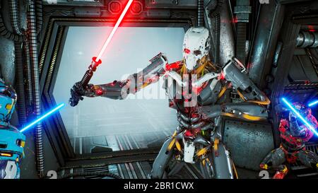 Astronauten mit Laserschwertern versteckten sich in einem Hinterhalt auf einem fremden Roboter-Eindringling auf seinem Raumschiff. Super realistisches Sci-Fi Konzept. Stockfoto