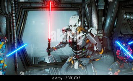 Astronauten mit Laserschwertern versteckten sich in einem Hinterhalt auf einem fremden Roboter-Eindringling auf seinem Raumschiff. Super realistisches Sci-Fi Konzept. Stockfoto