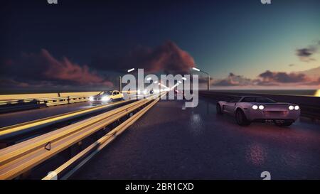 Nachtlichter der Autos und Hintergrundverkehr. Autos mit Licht gehen bei Sonnenaufgang auf die Brücke. Stockfoto