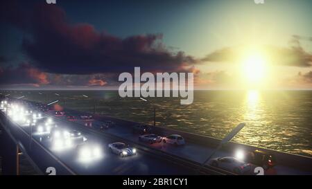 Die Kamera fliegt mit starkem Verkehr über die Brücke. Autos mit Licht gehen bei Sonnenaufgang auf die Brücke. Stockfoto
