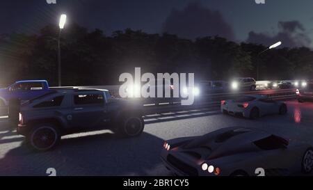 Autos mit Licht fahren nachts durch die Stadt. Nachtautos Lichter und starker Verkehr. Stockfoto