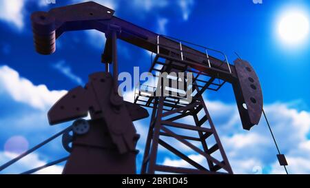 Pumpenheber Industriemaschine für Erdöl im Sonnenuntergang. Silhouette eines Pumpenhubers, der Öl gegen einen roten Himmel pumpt. Stockfoto