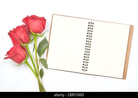 Draufsicht Aufnahme von leeren Notizbuch Tagebuch und roten Rosen auf weißem Tisch Stockfoto