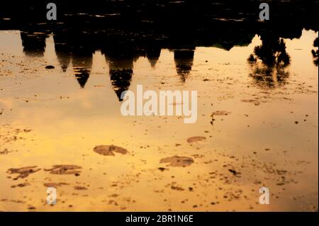 Reflexion im Wasser von Angkor Wat bei Sonnenaufgang. UNESCO-Weltkulturerbe, Provinz Siem Reap, Kambodscha, Südostasien Stockfoto