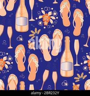 Champagner Flaschen und Flip Flop Schuh Vektor nahtlose Muster Hintergrund. Hand gezeichnete Gläser, Sekt, Sandalen Blumen neon orange indigo Stock Vektor