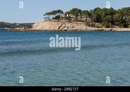 Panorama der Bucht fotografiert Paguera aus dem Berg an der Costa De La Calma. Stockfoto