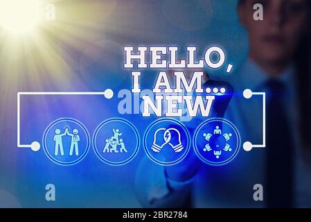 Schreiben Hinweis angezeigt Hallo ich bin neu. Business Konzept für Grußansagen oder Telefon Gespräch beginnen Stockfoto
