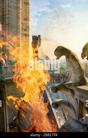 Chimären in Feuer auf Notre Dame de Paris. Stockfoto