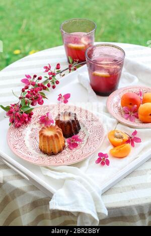 Tischgestaltung in Pink- und Pfirsichfarben mit Caneles, Aprikosen und hausgemachter Limonade Stockfoto