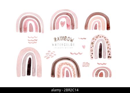 Aquarell Kinder Regendage Set, skandinavische Cliparts mit handbemalten Boho Regenbögen. Kinderzimmer Kunst Illustration in trendigen skandinavischen Stil. Modern Stockfoto