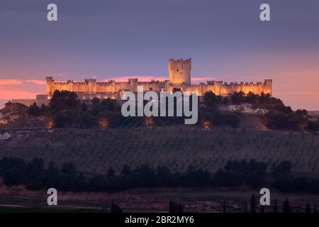 Castillo de Peñafiel, in der Provinz Valladolid, bei Sonnenuntergang beleuchtet. Von weitem gesehen. Goldenes Licht Stockfoto